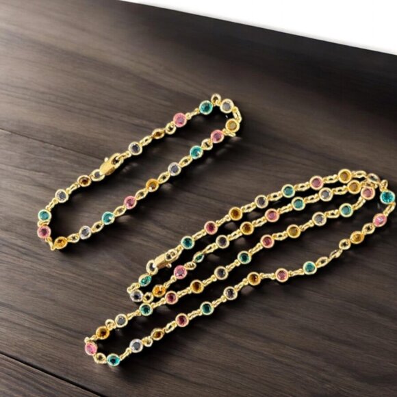 Multicolor Bezel Set Crystal Gold Plated Necklace Bracelet Set Dainty Layering - Picture 6 of 7